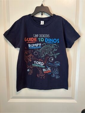Kids Tultex Camp Cretaceous Guide to Dinos Graphic Tee Navy in Size Medium